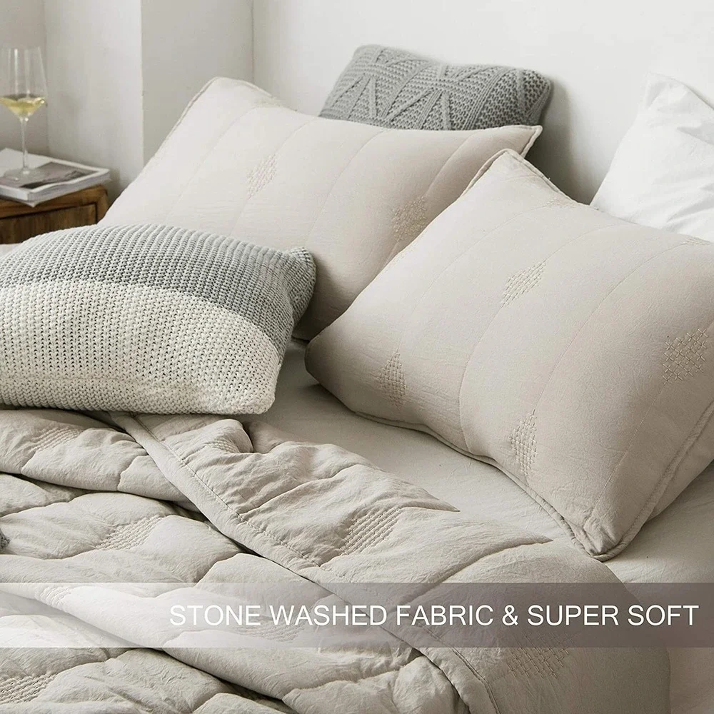 Feather Grey Super Soft Stone Washed‎ Microfiber Ethan 3 pc Quilt Set QUEEN SIZE